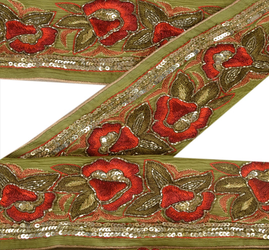 Sanskriti Vintage Sari Border Antique Hand Beaded 1 YD Indian Trim Sewing Green Decor Lace