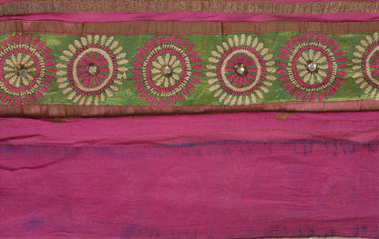 Sanskriti Vintage Sari Border Antique Hand Embroidered Phulkari 1 YD Trim Sewing Pink Lace