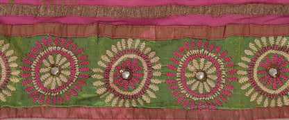 Sanskriti Vintage Sari Border Antique Hand Embroidered Phulkari 1 YD Trim Sewing Pink Lace