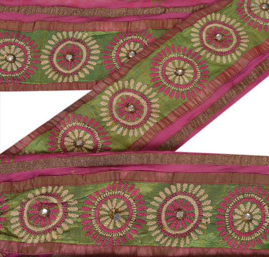 Sanskriti Vintage Sari Border Antique Hand Embroidered Phulkari 1 YD Trim Sewing Pink Lace