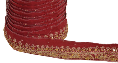 Sanskriti Vintage Sari Border Antique Hand Beaded 1 YD Indian Trim Ribbon Maroon Zari Lace