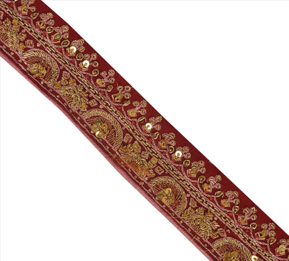 Sanskriti Vintage Sari Border Antique Hand Beaded 1 YD Indian Trim Ribbon Maroon Zari Lace