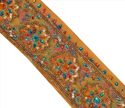 Sanskriti Vintage Sari Border Hand Beaded 1 YD Indian Trim Sewing Saffron Lace