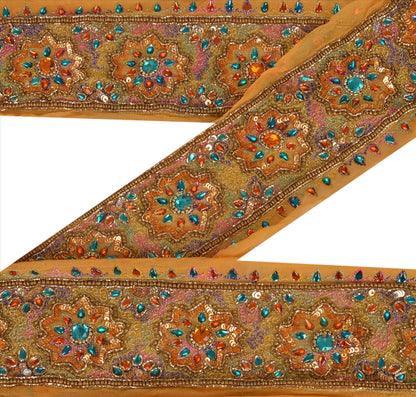 Sanskriti Vintage Sari Border Hand Beaded 1 YD Indian Trim Sewing Saffron Lace