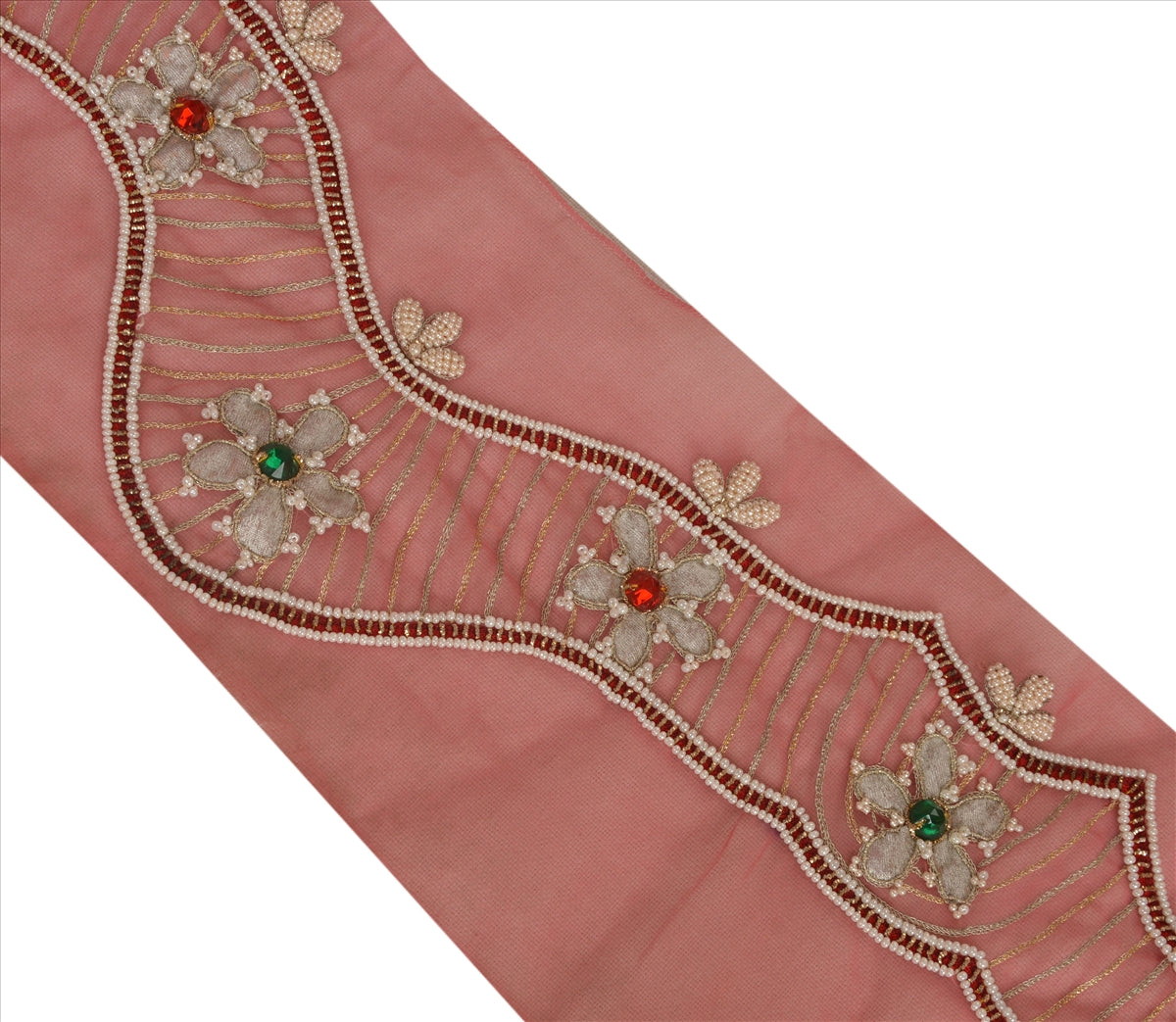 Sanskriti Vintage Sari Border Hand Beaded 1 YD Indian Trim Sewing Pink Zari Lace