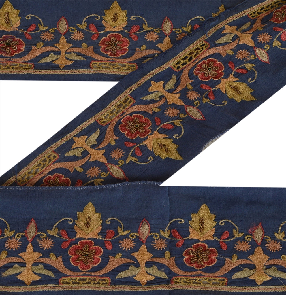 Sanskriti Vintage Sari Border Hand Beaded 1 YD Indian Trim Sewing Blue Lace