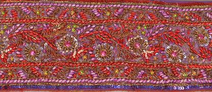 Sanskriti Vintage Sari Border Hand Beaded 1 YD Indian Trim Sewing Purple Lace