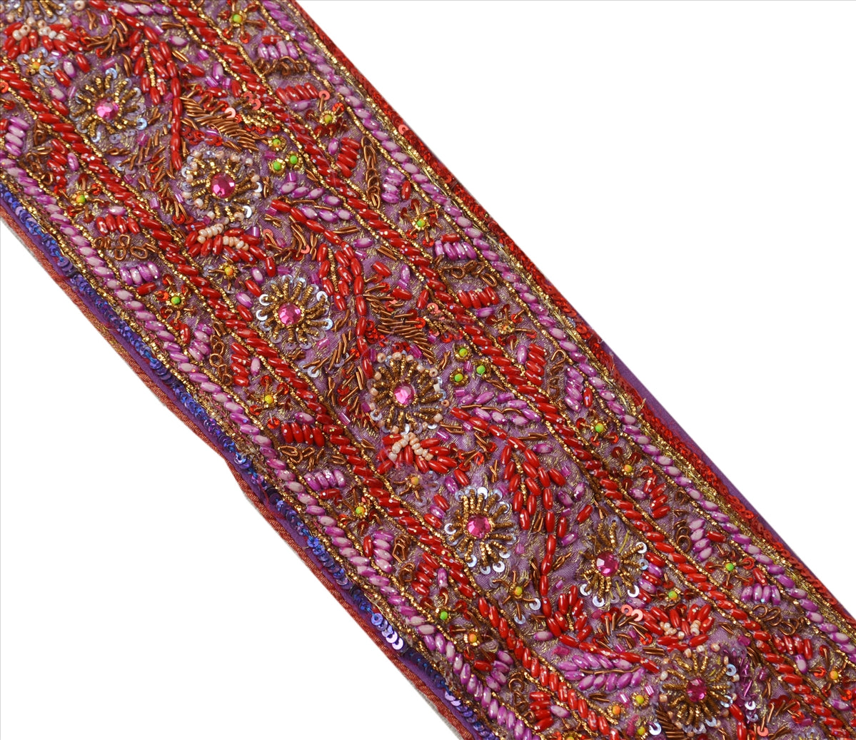 Sanskriti Vintage Sari Border Hand Beaded 1 YD Indian Trim Sewing Purple Lace