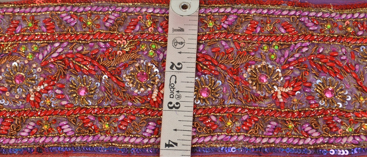 Sanskriti Vintage Sari Border Hand Beaded 1 YD Indian Trim Sewing Purple Lace