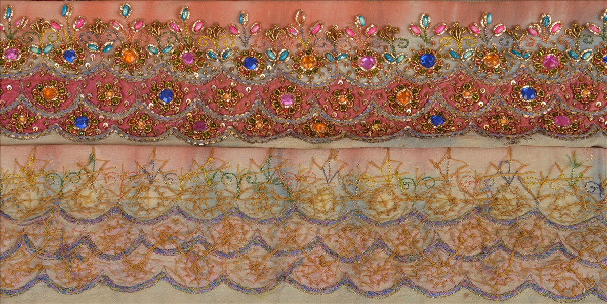 Sanskriti Vintage Sari Border Antique Hand Beaded 1 YD Indian Trim Sewing Peach Zari Lace