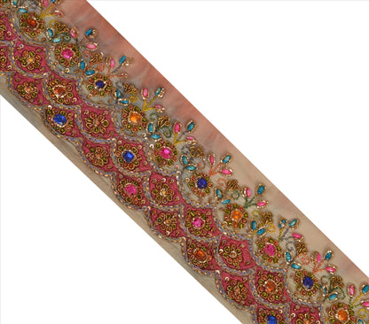 Sanskriti Vintage Sari Border Antique Hand Beaded 1 YD Indian Trim Sewing Peach Zari Lace