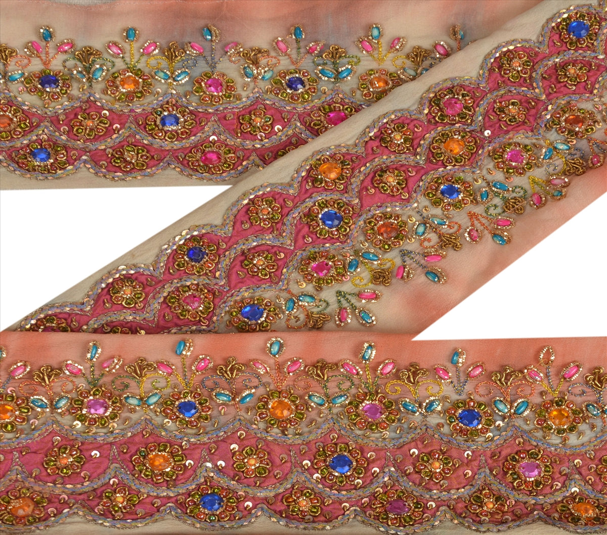 Sanskriti Vintage Sari Border Antique Hand Beaded 1 YD Indian Trim Sewing Peach Zari Lace