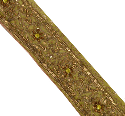 Sanskriti Vintage Sari Border Antique Hand Beaded 1 YD Indian Trim Sewing Green Zari Lace