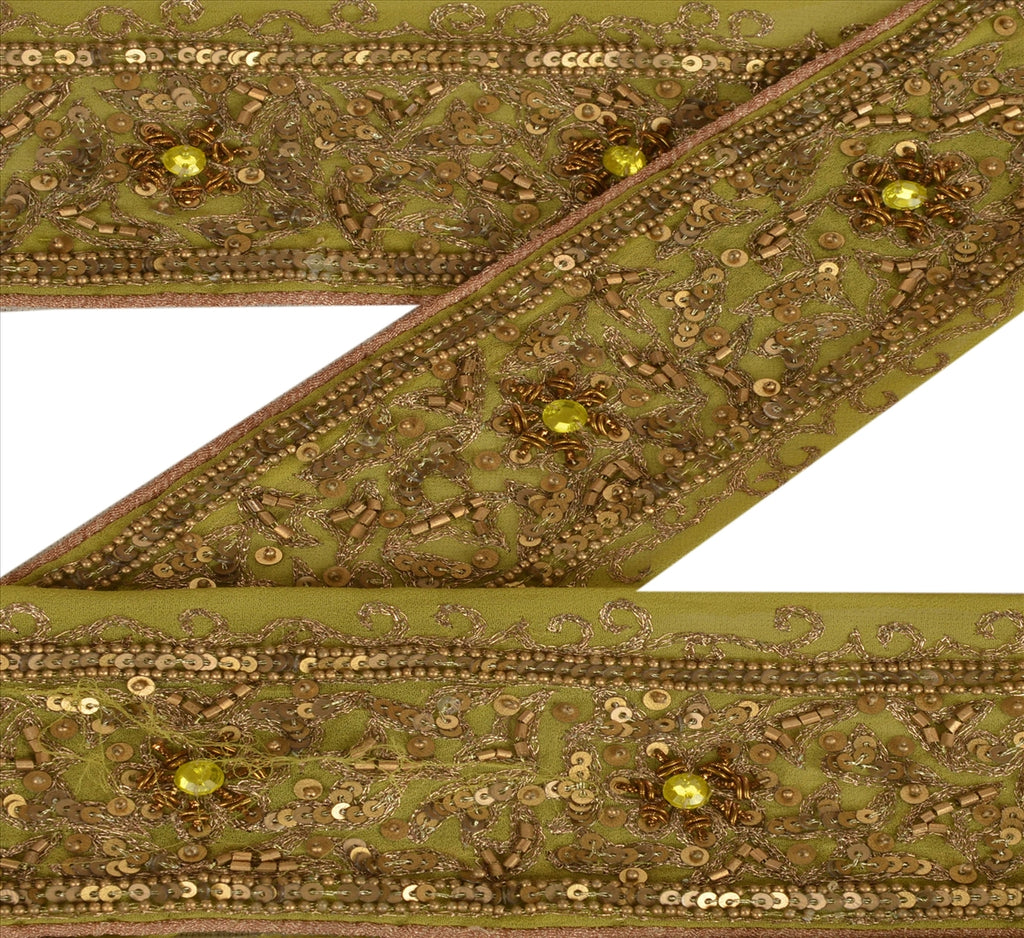 Sanskriti Vintage Sari Border Antique Hand Beaded 1 YD Indian Trim Sewing Green Zari Lace