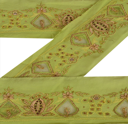 Sanskriti Vintage Sari Border Antique Hand Beaded 1 YD Indian Trim Sewing Green Decor Lace