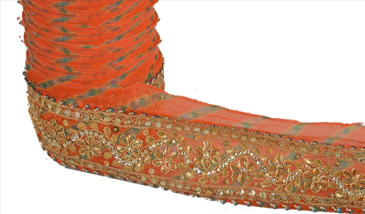 Sanskriti Vintage Sari Border Antique Hand Beaded Leheria 1 YD Trim Sewing Orange Lace