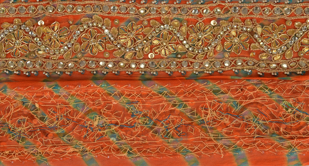 Sanskriti Vintage Sari Border Antique Hand Beaded Leheria 1 YD Trim Sewing Orange Lace