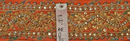 Sanskriti Vintage Sari Border Antique Hand Beaded Leheria 1 YD Trim Sewing Orange Lace