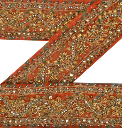 Sanskriti Vintage Sari Border Antique Hand Beaded Leheria 1 YD Trim Sewing Orange Lace