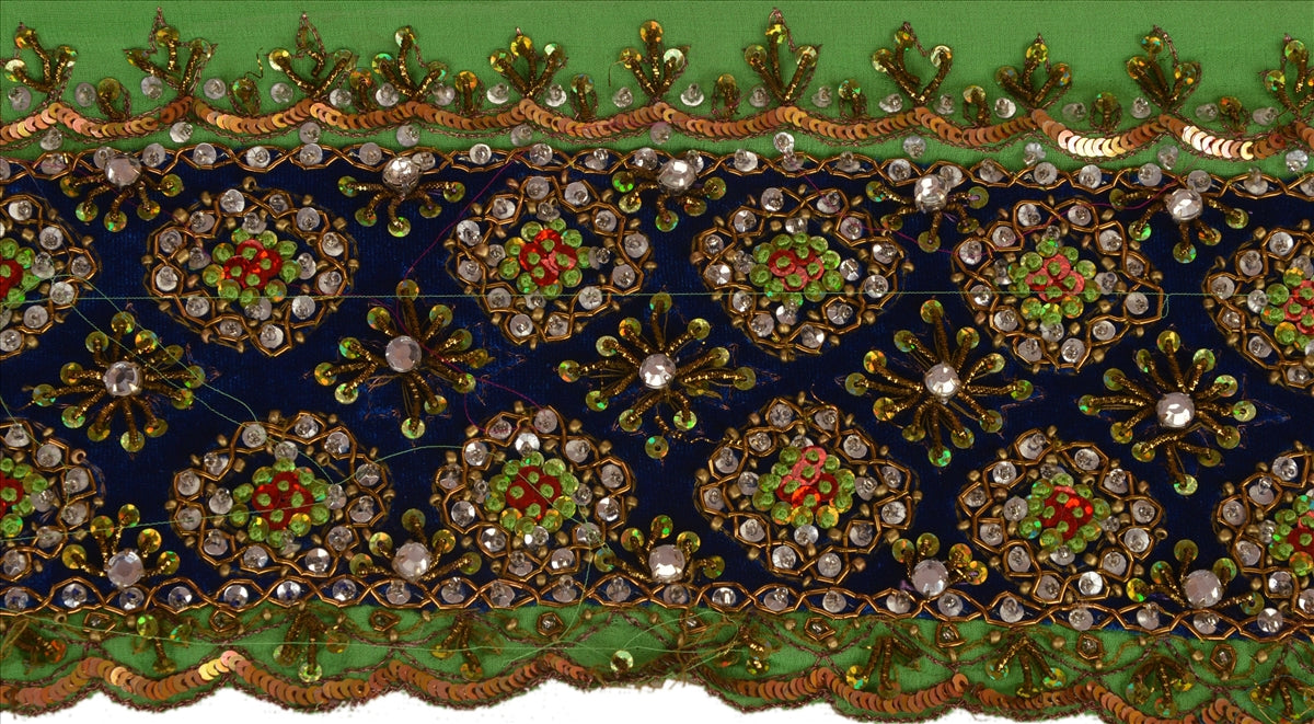 Sanskriti Vintage Sari Border Antique Hand Beaded 1 YD Indian Trim Sewing Green Lace