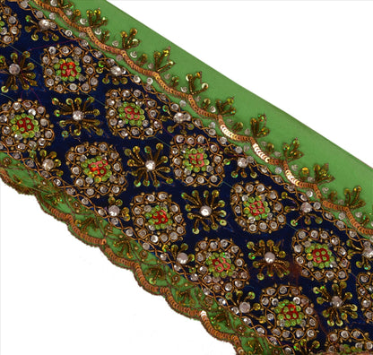 Sanskriti Vintage Sari Border Antique Hand Beaded 1 YD Indian Trim Sewing Green Lace