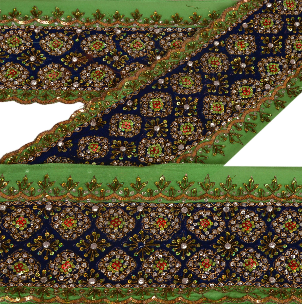 Sanskriti Vintage Sari Border Antique Hand Beaded 1 YD Indian Trim Sewing Green Lace