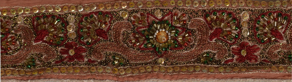 Sanskriti Vintage Sari Border Antique Hand Beaded 1 YD Indian Trim Sewing Peach Lace