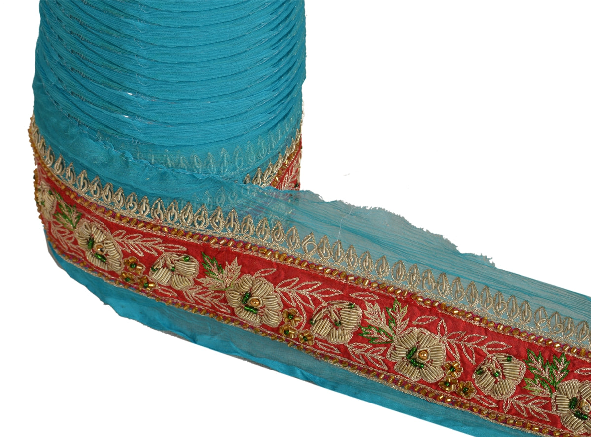 Sanskriti Vintage Sari Border Antique Hand Beaded 1 YD Indian Trim Sewing Blue Patch Lace