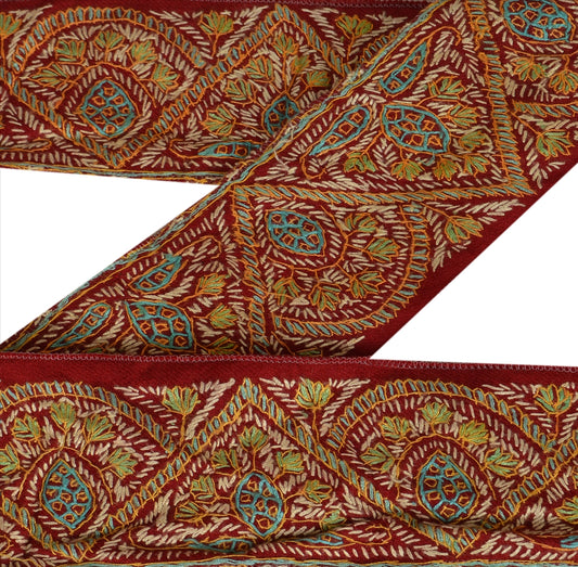 Sanskriti Vintage Sari Border Antique Hand Embroidered Suzani 1 YD Trim Sewing Maroon Lace