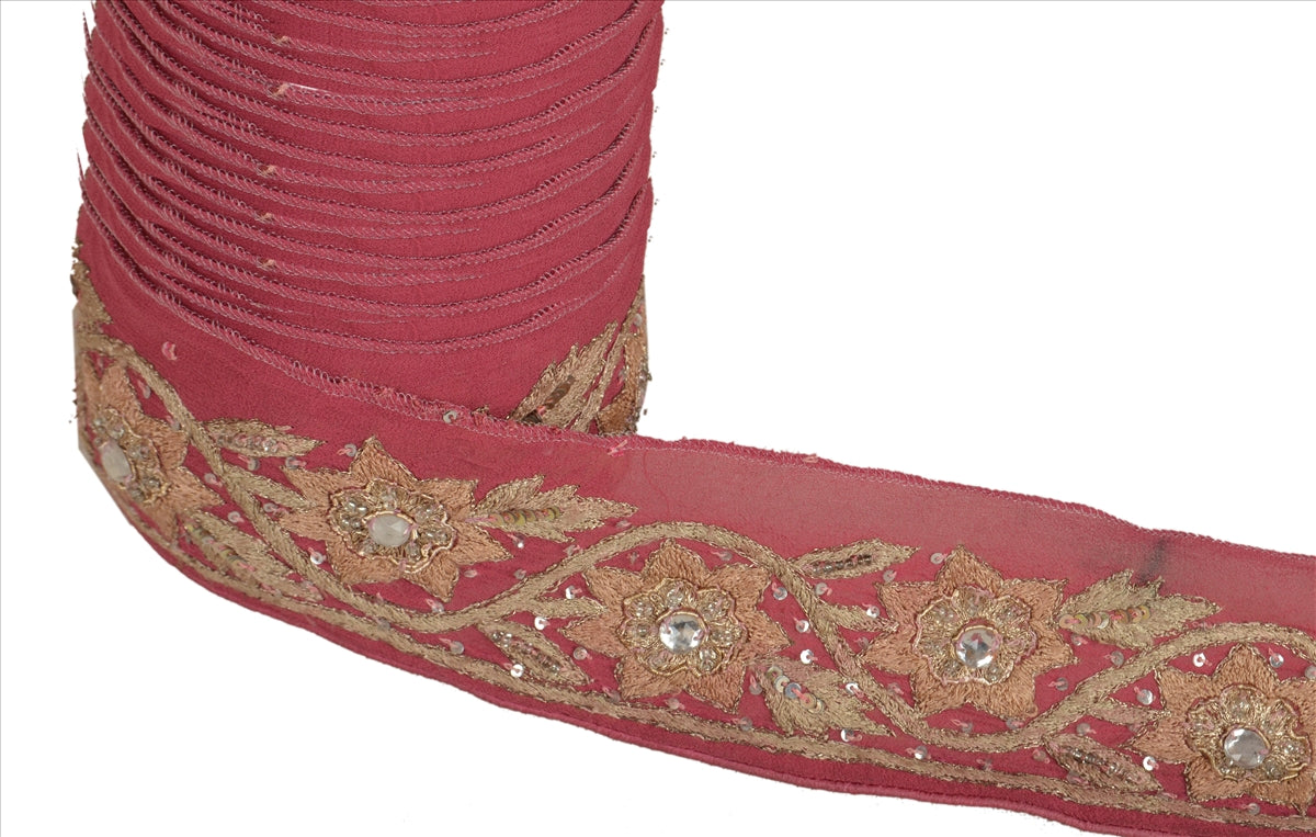 Sanskriti Vintage Sari Border Antique Hand Beaded 1 YD Indian Trim Sewing Pink Lace