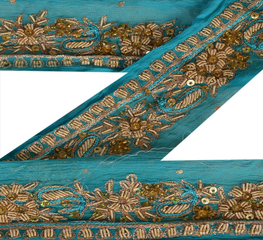 SANSKRITI VINTAGE Border Antique Hand Beaded 1 YD Trim Décor Ribbon Blue Lace