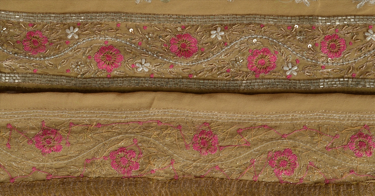 Sanskriti Vintage Sari Border Antique Hand Beaded 1 YD Indian Trim Sewing Beige Zari Lace