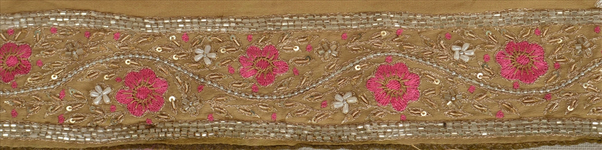 Sanskriti Vintage Sari Border Antique Hand Beaded 1 YD Indian Trim Sewing Beige Zari Lace