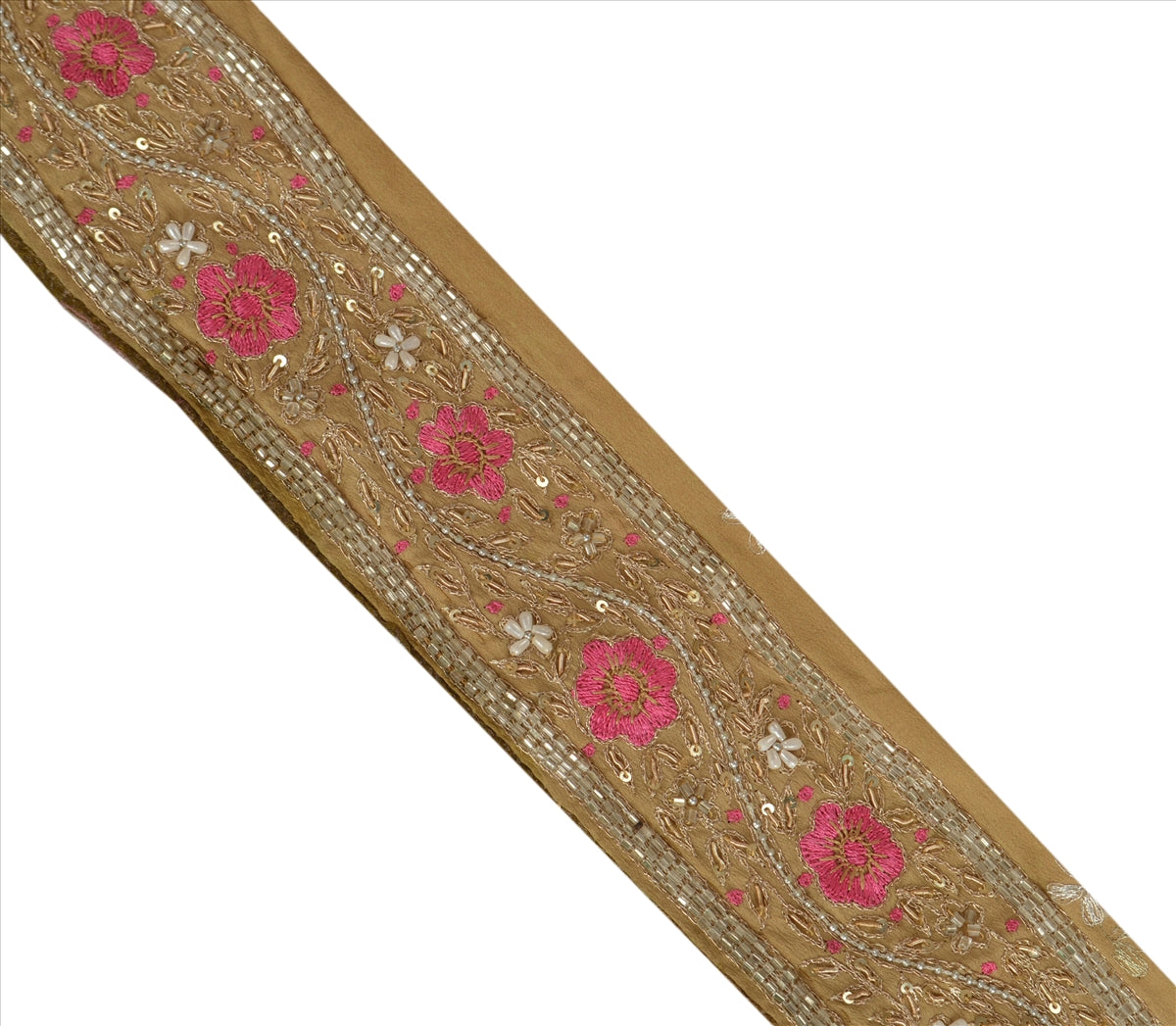 Sanskriti Vintage Sari Border Antique Hand Beaded 1 YD Indian Trim Sewing Beige Zari Lace