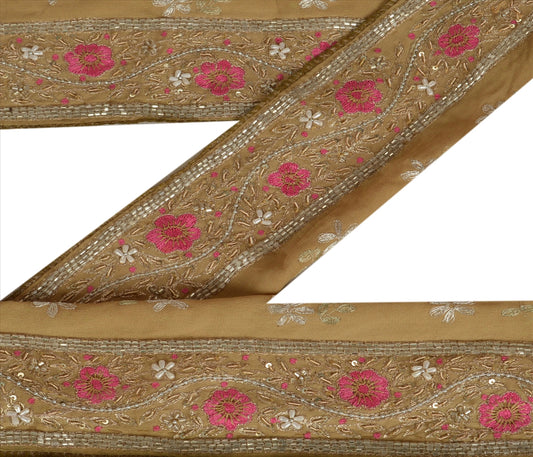 Sanskriti Vintage Sari Border Antique Hand Beaded 1 YD Indian Trim Sewing Beige Zari Lace