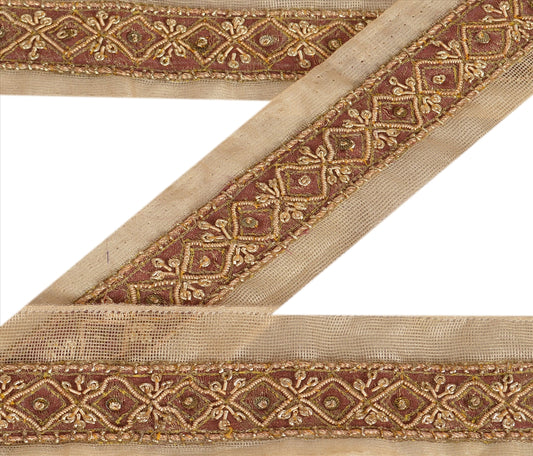 Sanskriti Vintage Sari Border Hand Beaded 1 YD Indian Trim Ribbon Cream Lace