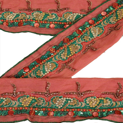 Sanskriti Vintage Sari Border Antique Hand Beaded 1 YD Indian Trim Sewing Pink Lace