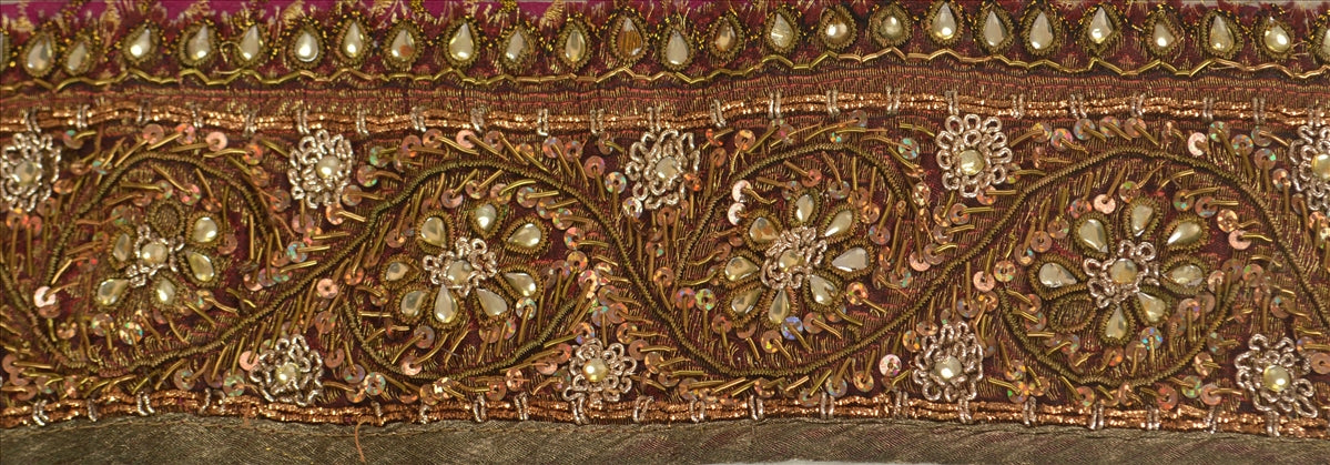 Sanskriti Vintage Sari Border Antique Hand Beaded 1 YD Indian Trim Sewing Pink Lace