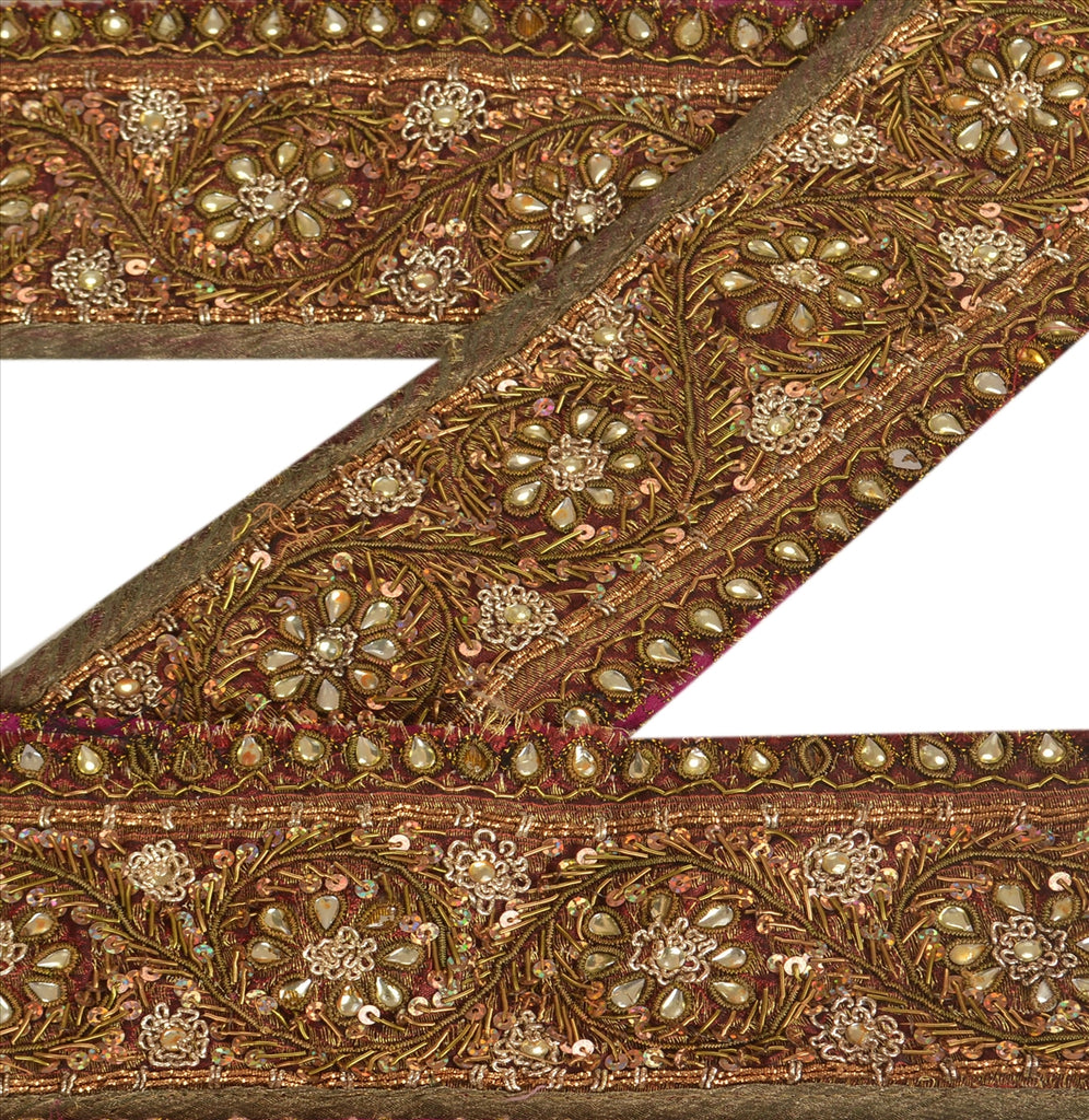 Sanskriti Vintage Sari Border Antique Hand Beaded 1 YD Indian Trim Sewing Pink Lace