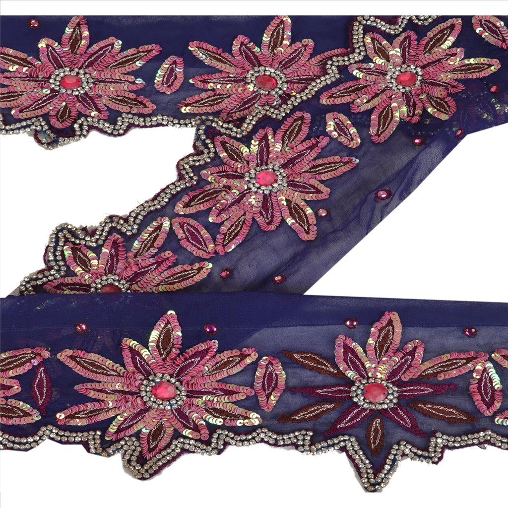 Sanskriti Vintage Sari Border Antique Hand Beaded 1 YD Indian Trim Sewing Blue Zari Lace