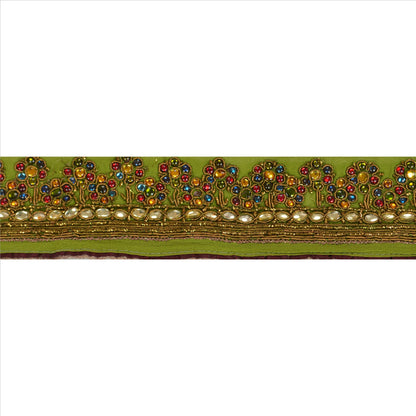 Sanskriti Vintage Sari Border Hand Beaded 1 Yard Indian Trim Sewing Green Lace