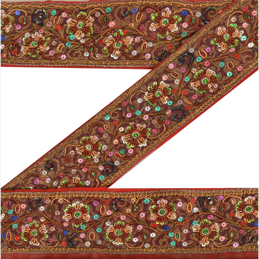 Sanskriti Vintage Sari Border Antique Hand Beaded 1 YD Indian Trim Sewing Red Decor Lace