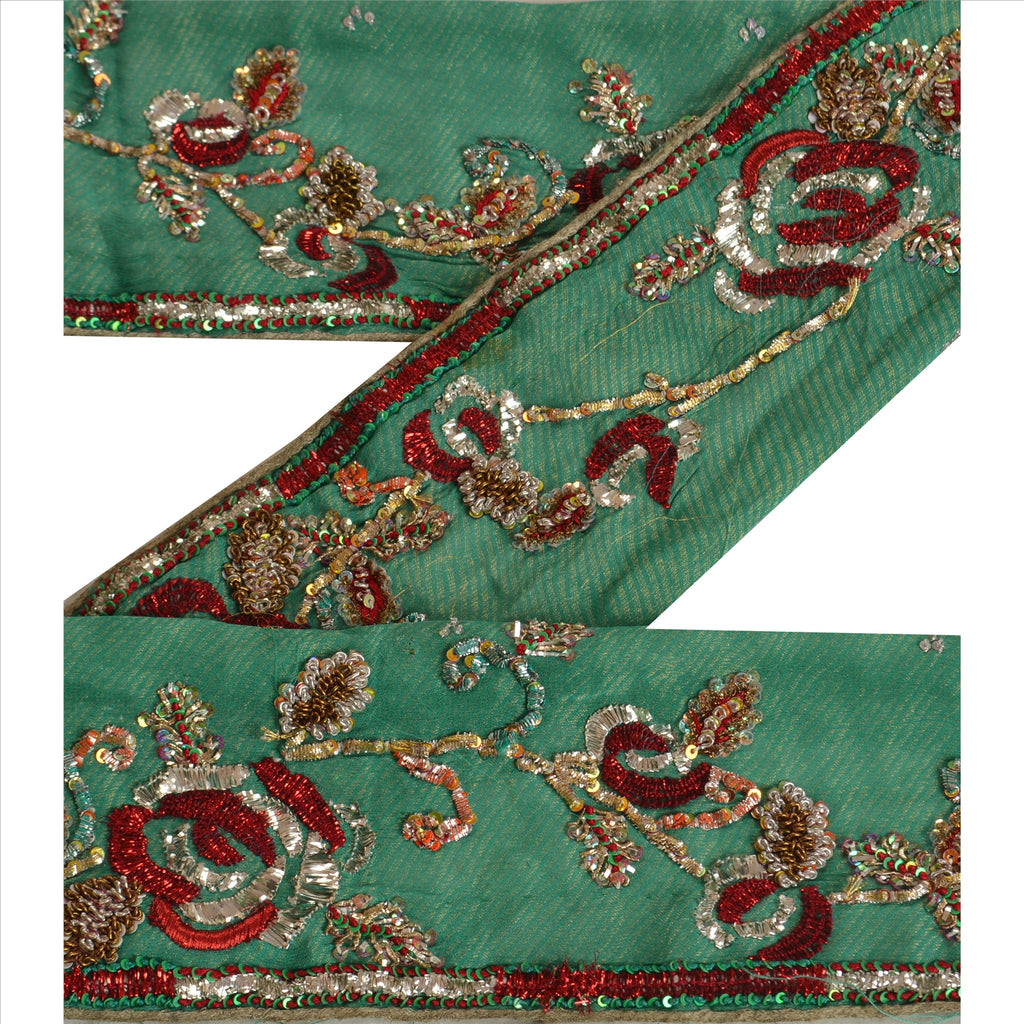 Sanskriti Vintage Sari Border Antique Hand Beaded 1 YD Indian Trim Sewing Green Lace