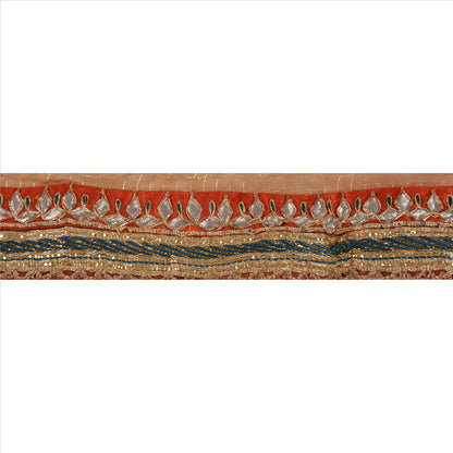 Sanskriti Vintage Sari Border Antique Hand Beaded 1 YD Indian Trim Sewing Orange Lace