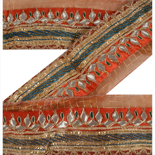 Sanskriti Vintage Sari Border Antique Hand Beaded 1 YD Indian Trim Sewing Orange Lace