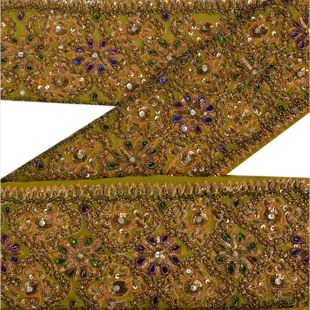 Sanskriti Vintage Sari Border Hand Beaded 1 YD Indian Trim Sewing Green Lace