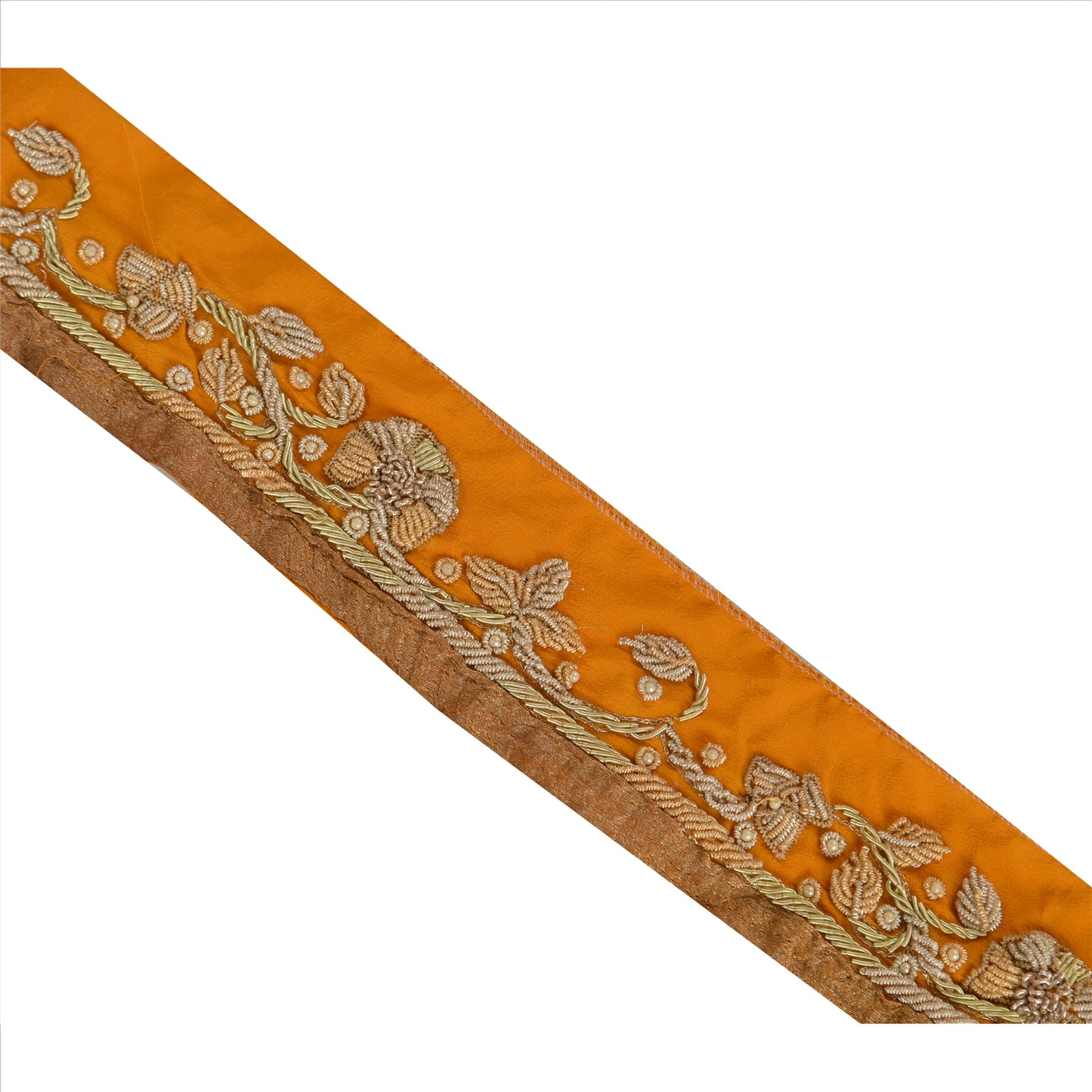 Sanskriti Vintage Sari Border  Hand Beaded 1 YD Indian Trim Ribbon Saffron Lace