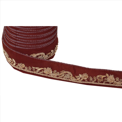 Sanskriti Vintage Sari Border Hand Embroidered 1 Yard Trims Ribbon Maroon Lace