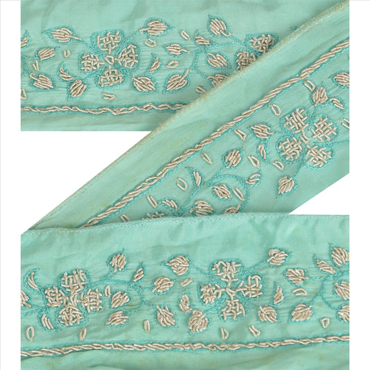 Sanskriti Vintage Sari Border Hand Beaded 1 Yard Trims Décor Ribbon Green Lace