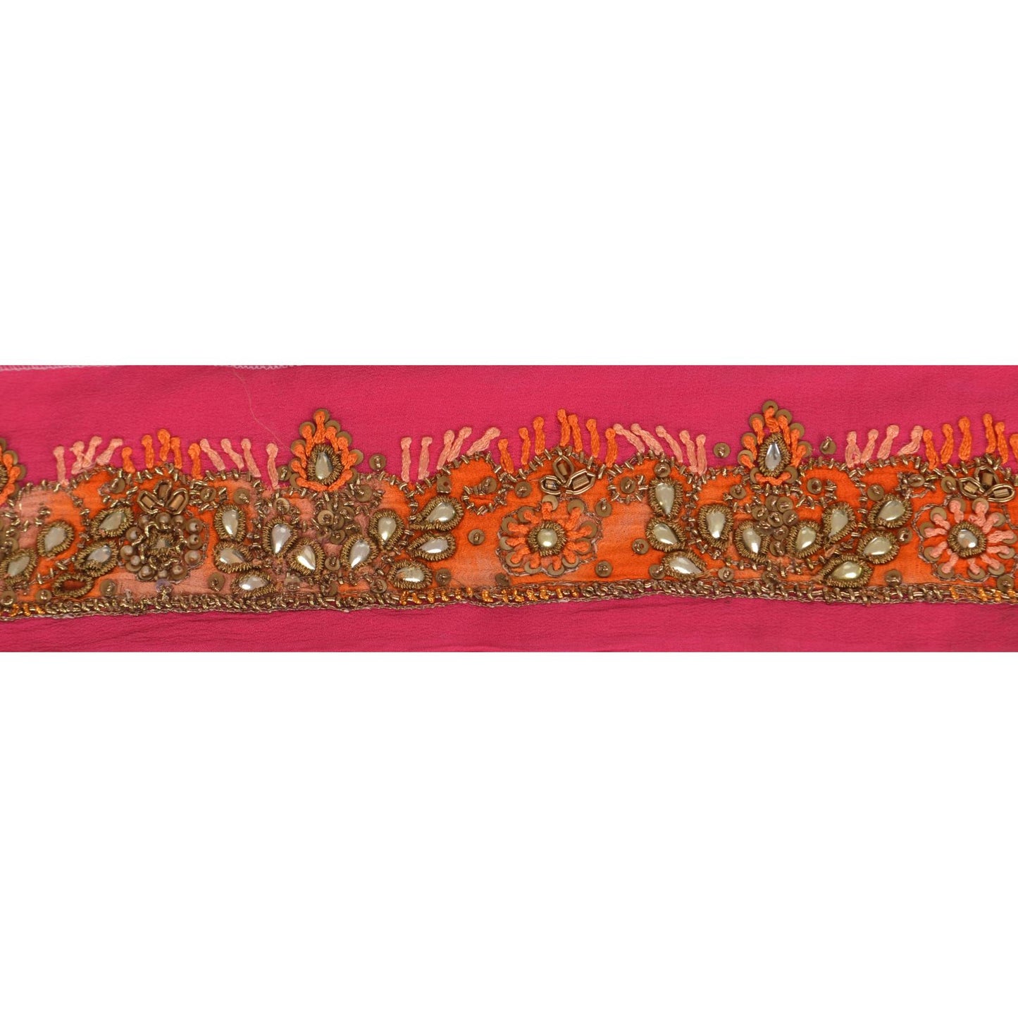 Sanskriti Vintage Sari Border Hand Beaded 1 YD Craft Trim Ribbon Pink Lace